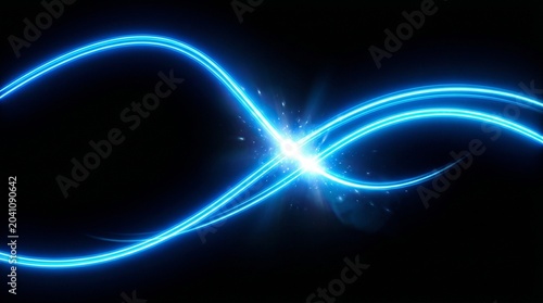 Abstract Blue Neon Infinity Symbol Glowing in Dark Cosmic Space Background