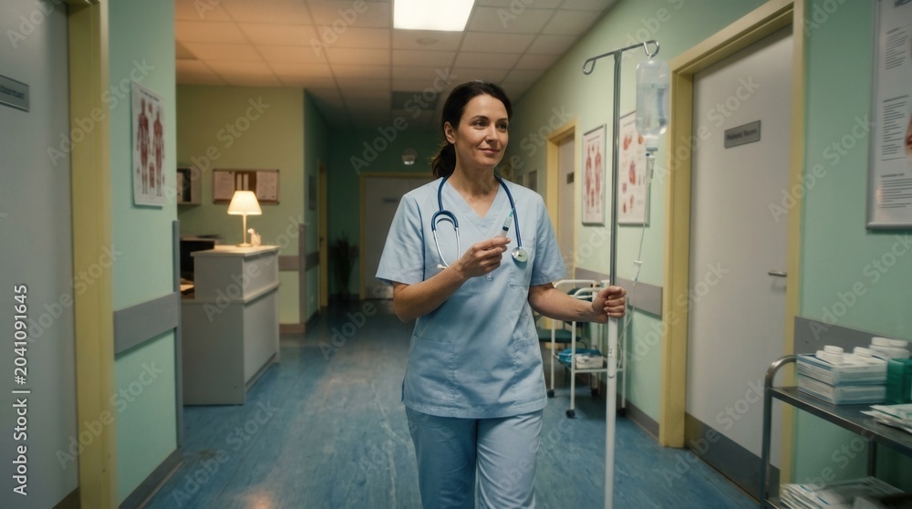 Fototapeta premium Dedicated Medical Professional Walking in Hospital Corridor With Infusion Drip Equipment