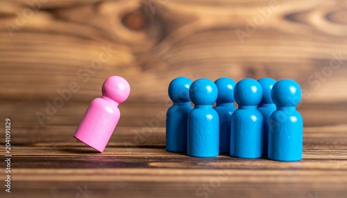 Group of Blue Figurines Facing Pink Individual