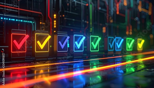 Colorful Digital Check Marks on Futuristic Background