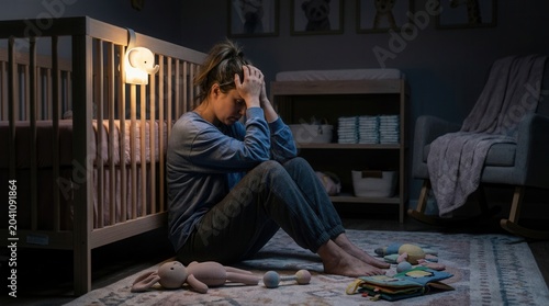 Exhausted New Mother Struggles, Amidst The Baby's Room, Experiencing Despair