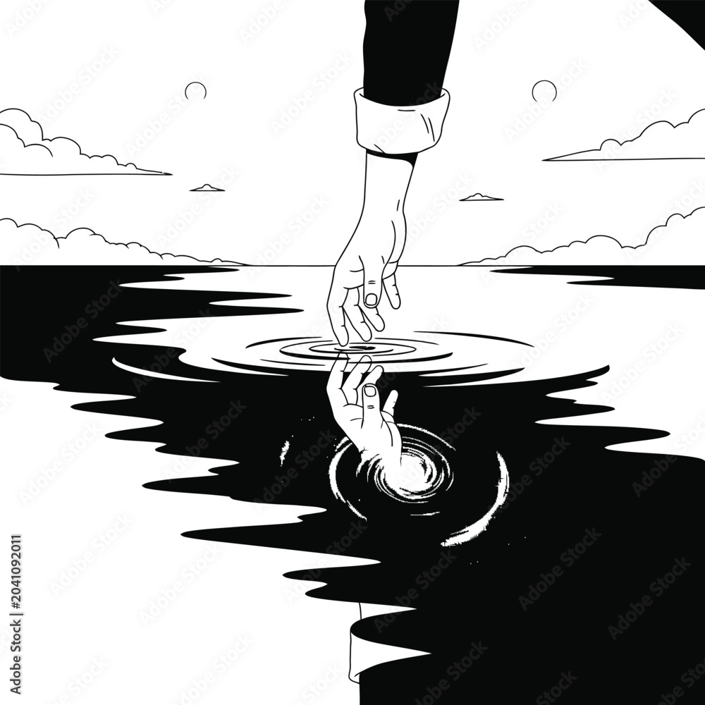 Φωτογραφία Minimalist black and white illustration of a hand reaching down to rescue anothe
