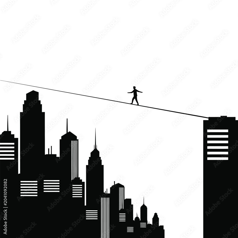 Obraz premium Silhouette of a person walking on a tightrope between skyscrapers in a city, representing risk and balance in business