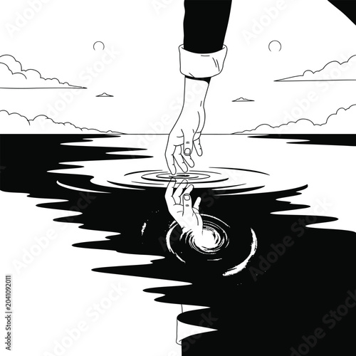 Tableau sur toile Minimalist black and white illustration of a hand reaching down to rescue anothe