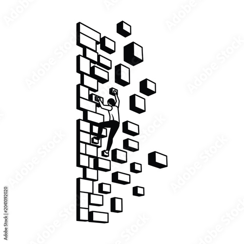 Man climbing a wall of floating blocks symbolizing ambition and overcoming obstacles minimalist black and white illustration