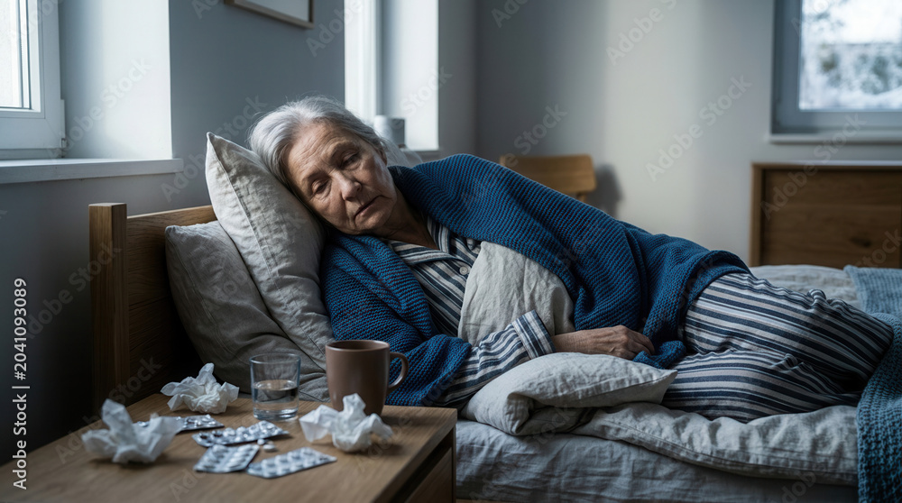 Obraz premium Elderly Woman Resting In Bed While Experiencing An Illness Or Common Cold