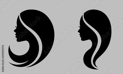 Stylized black silhouette profiles of two women with long flowing hair isolated on a gray background vectors design,fully customized and eddtibel © eyasin