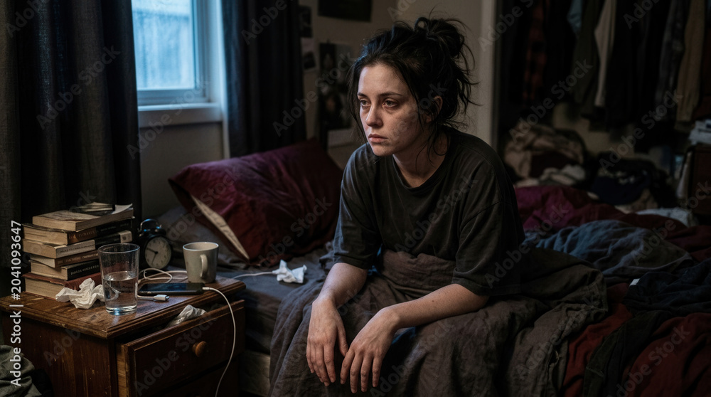 Obraz premium Depressed Woman Sitting On Bed In A Messy Room, Deeply Contemplating Life