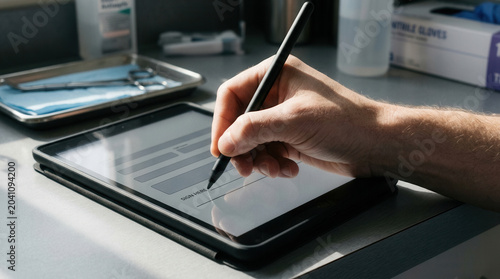 Digitally Signing a Document On Tablet Screen With Stylus Pen In Clinic Office Setting