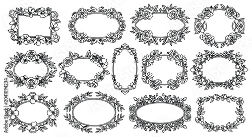 Cuadro en lienzo Group of decorative floral frames and borders with flowers and leaves in oval and rectangular shapes for elegant vintage design and embellishment