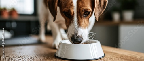 A close-up of a beagle intently sniffing an empty food bowl, reflecting the curiosity and eagerness of pets, perfect for pet enthusiasts and dog lovers.