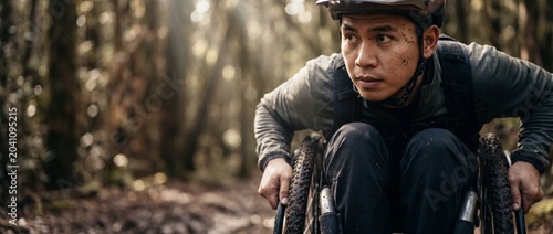 Wheelchair mountain biker disabled athlete riding on forest trail with determination. Adaptive sports extreme cycling on rugged offroad track representing accessibility, resilience, outdoor adventure.