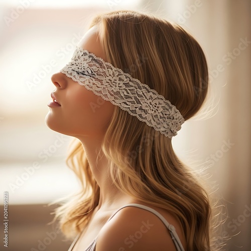 Serene Blonde Woman Wearing White Lace Blindfold in Soft Window Light