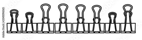 Bild auf Leinwand Row of black binder clips in various sizes arranged neatly on white background for office supplies and stationery organization concept business marketing use