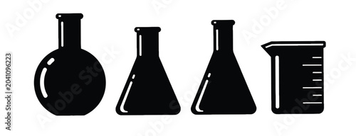 Foto Black silhouette icons of laboratory glassware including round bottom flask erlenmeyer flasks and graduated beaker for chemistry and science research concept