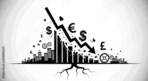 Financial Crisis Concept: Falling Stock Market Graph, Currency Symbols, Crumbling Cityscape