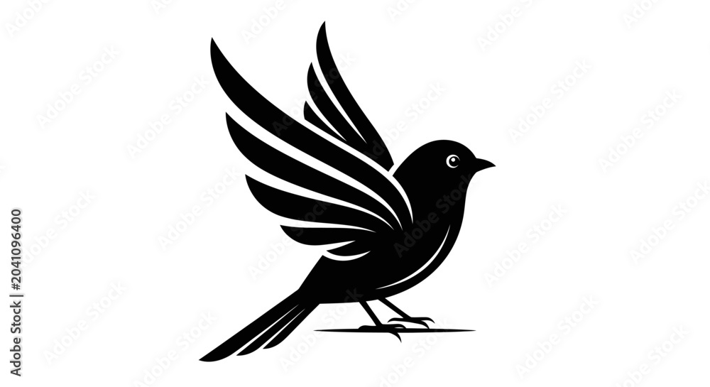 Fototapeta premium Minimalist Black Bird Silhouette Flying Against White Background, Freedom Concept