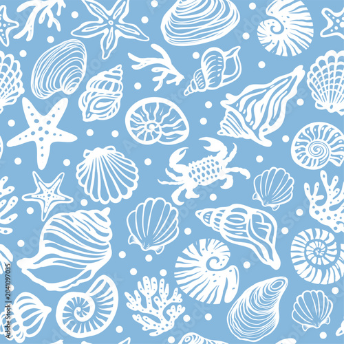 A blue and white coastal seamless pattern with hand drawn seashells crabs starfish and coralsPrint