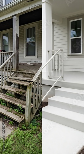 Split View Weathered Porch and Renovated Entry Steps on Residential House Exterior