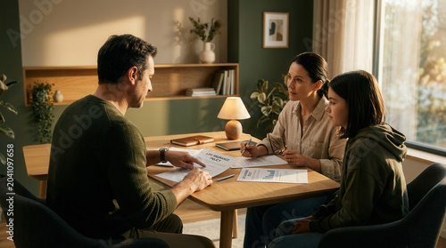 Family Discussing Financial Planning With Insurance Advisor In Comfortable Interior.