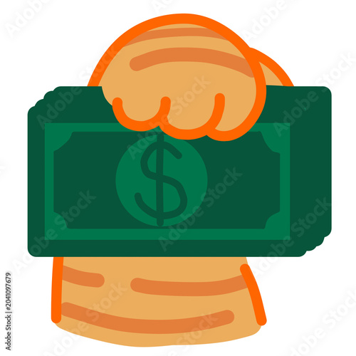 An orange cat paw holding stack of green dollar cash money bills illustration