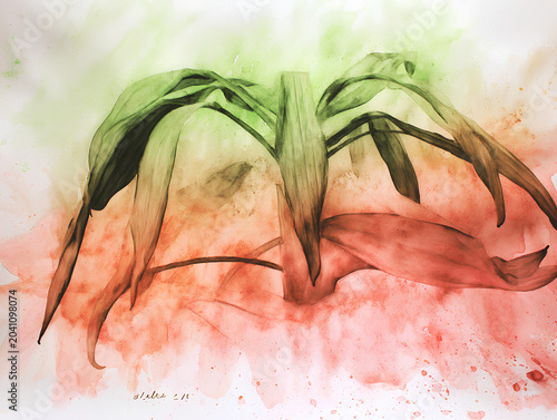 A young palm sprouting from the bottom of the canvas with splashes of vibrant neon green and electric orange leaves stretching upward, trunk a blend of sienna and raspberry tones, all elements softly 