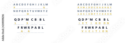 Photos Mystery word puzzle with letters arranged in two grids on white background