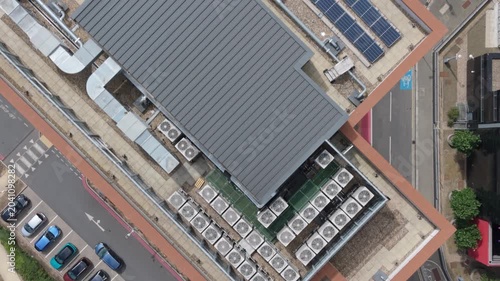 Rooftop View of a Data Center Showing Extensive Cooling and Solar Arrays
