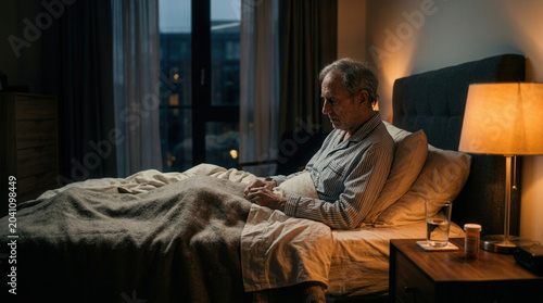 Elderly Man in Pajamas Sitting on Bed, Contemplating Late Night, Indoor Scene