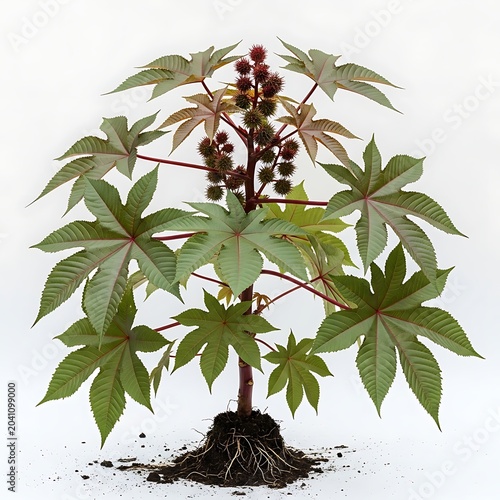 Young Castor Bean Plant with Spiky Seed Pods Isolated on White Background