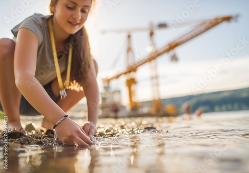Young brown-haired girl squats by a natural river, gently touching the water and pebbles