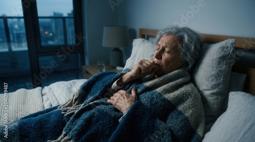 Elderly Woman Suffering From Cough and Fever Resting in Her Bed During Evening