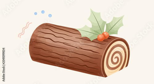 Photos Yule log with holly, festive holiday dessert, Christmas background
