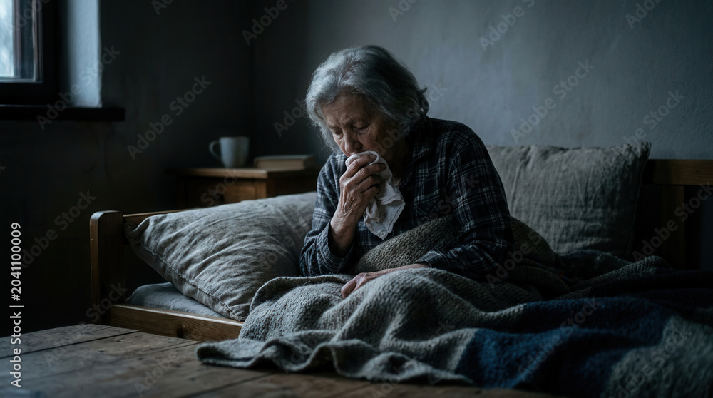 Obraz premium Elderly Woman Suffering From Illness, Resting In Bed, Feeling Emotional And Unwell