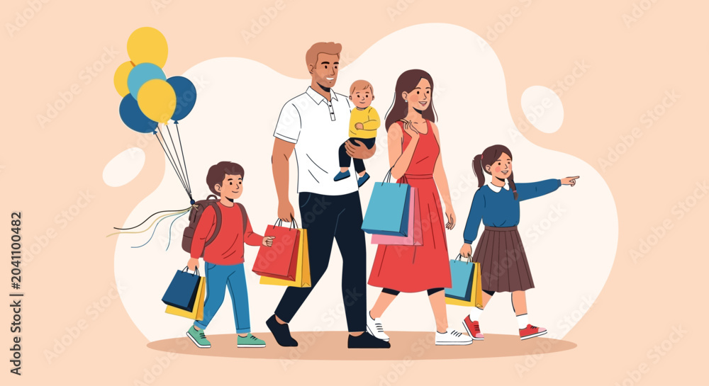 Fototapeta premium Family walking with shopping bags and balloons, happy shopping concept, family outing background