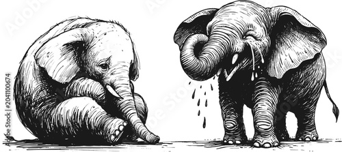 Foto Line art sketch drawing of 2 elephant's unspoken sorrow elephant cry sadness vec