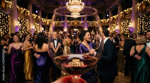Elegant Ball Celebrations Highlighted With Wine Glass Focus and Festive Atmosphere