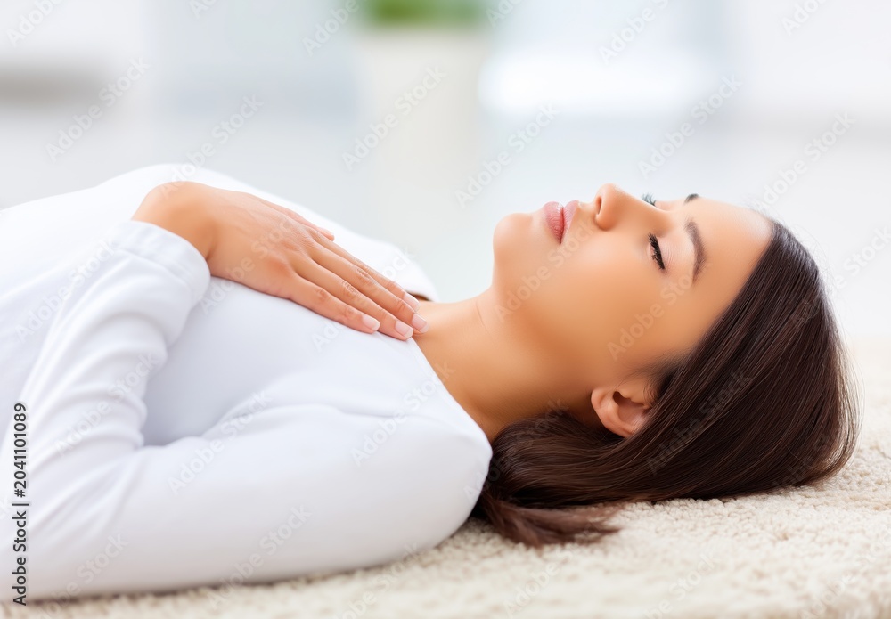 Obraz premium Peaceful young adult female with dark hair lies on a soft, light-colored carpet, eyes closed, hand resting on her chest