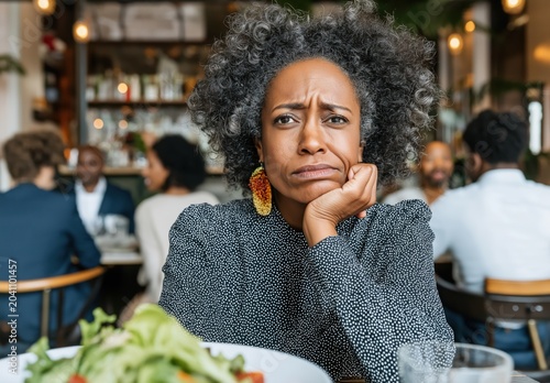A middle aged Black woman with grey curly hair looks displeased, resting her chin on her hand at a restaurant table with a salad