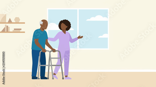 Photos Caregiver assisting senior man with a walker in a home setting