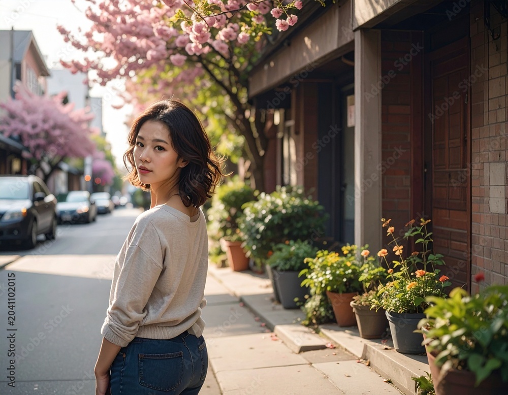 Fototapeta premium young woman standing in front of a house