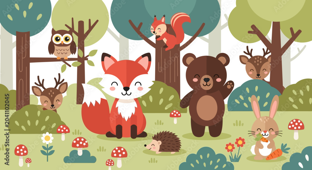 Naklejka premium Cute Woodland Animals in Forest Cartoon Illustration