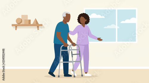 Fotografía Caregiver assisting senior man using a walker for mobility and therapy