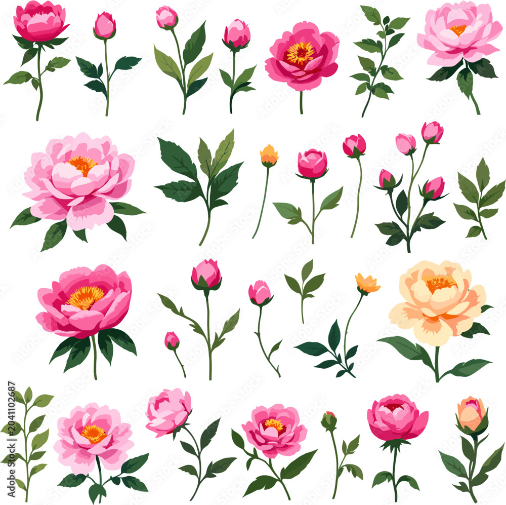 Obraz premium Pink Peony Blossoms, Buds and Botanical Elements Collection, Floral Clipart Set for Wedding and Stationery Design