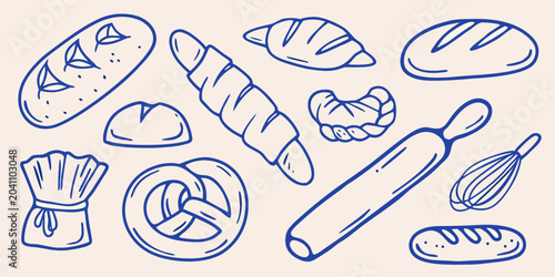 Schilderij op canvas Bakery Goods Collection In Blue Line Art Style With Baking Tools bread