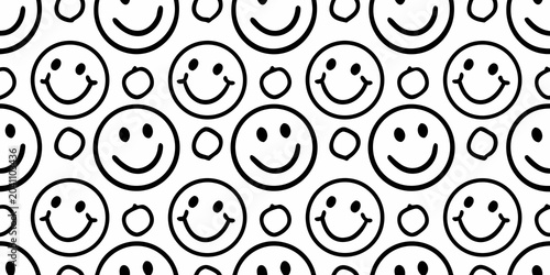 Seamless pattern of simple black line art smiley faces on white background