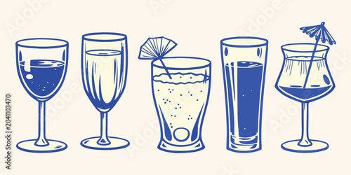 Bild auf Leinwand Set Of Five Hand Drawn Cocktail Glasses In Blue Linear Illustration Style