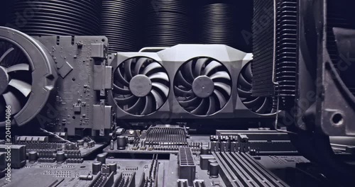 Few motherboards holding CPU, GPU and cooling fans. 