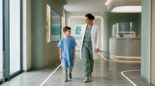 Friendly Physician Walks With Young Patient Down Modern Hospital Hallway