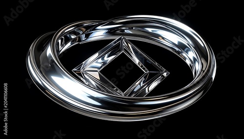 Polished Chrome Geometric Ring Resting on Black Studio Background